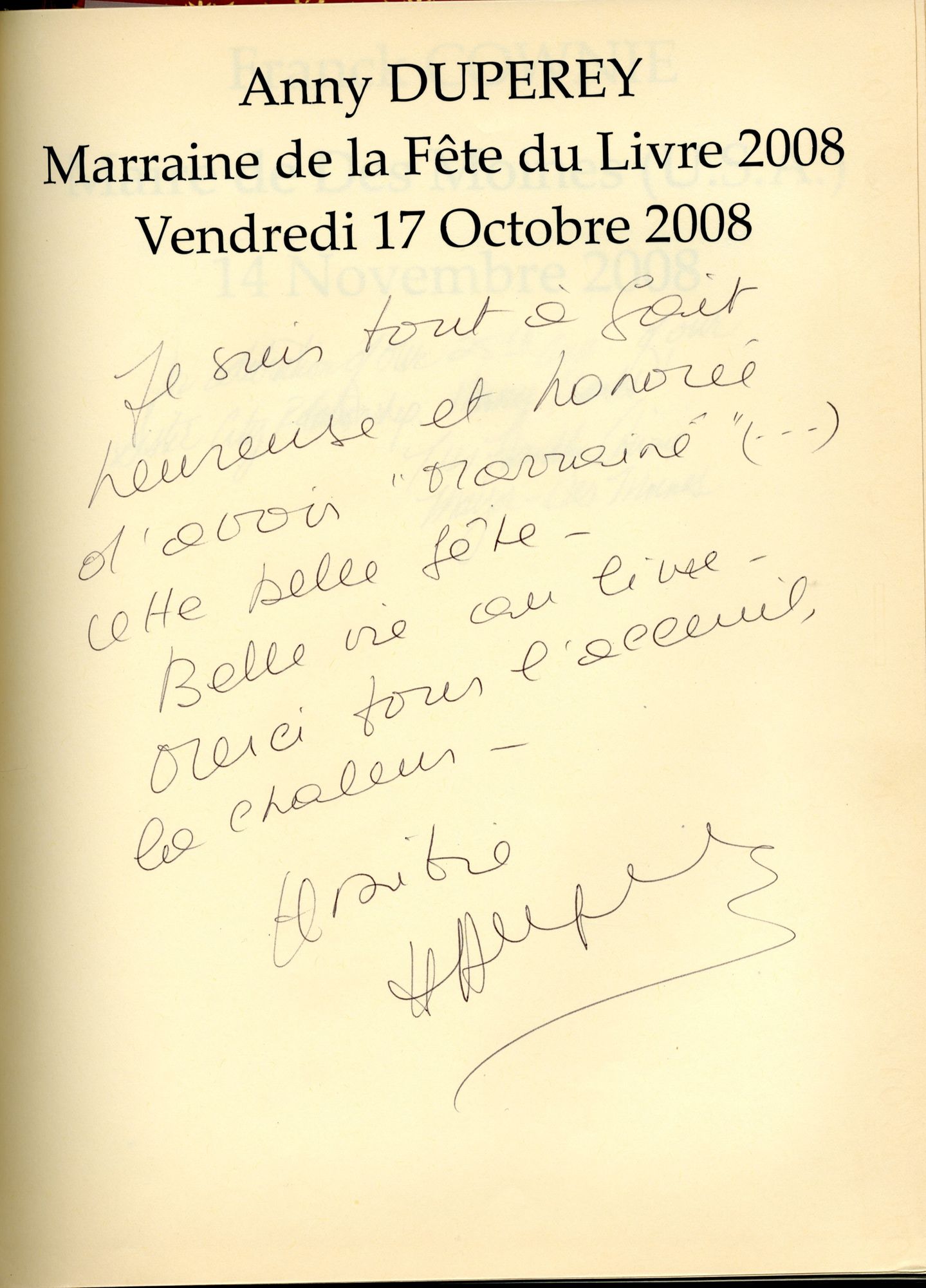 Visite d'Anny Duperey, marraine de la Fête du Livre, 17 octobre 2008.